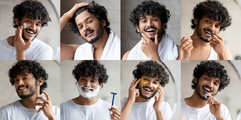 This collage showcases a skin care routine featuring a smiling individual engaged in various...