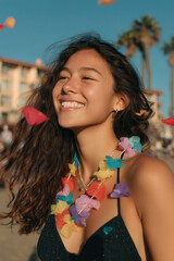 cheerful girl with garland around her neck radiates lightheartedness and joy