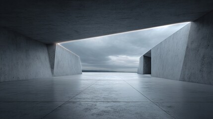 3d illustration of abstract modern architecture background, Minimal geometry architectural design, Car presentation backdrop with empty concrete floor, Geometric metal building design. High quality