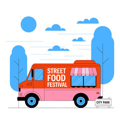 A vibrant food truck scene at a festival captures the essence of community, celebration, and joy with its colorful design, appealing to food lovers and event-goers alike.
