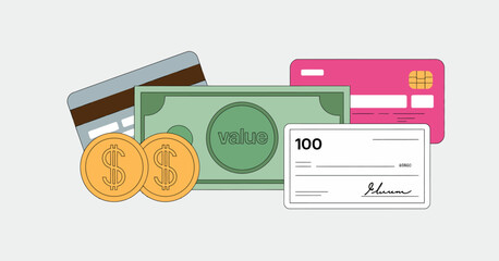 This image displays various forms of currency including bills, coins, and cards, symbolizing financial diversity, modern transactions, and the evolution of money in today's economy.