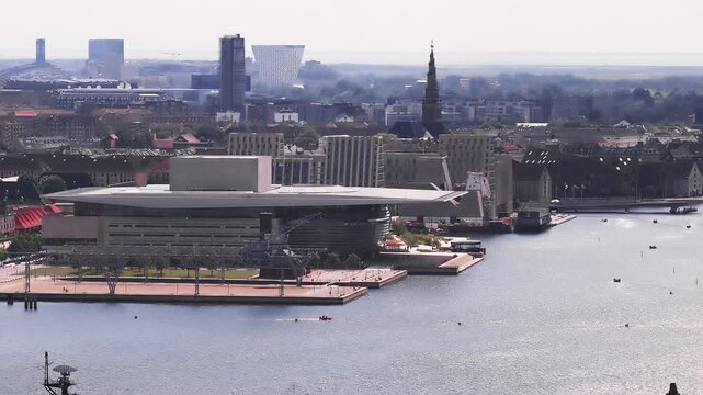 Aerial view of Copenhagen, Denmark, featuring the Opera House, city skyline with church spires and modern buildings, and boats moving on the harbor.