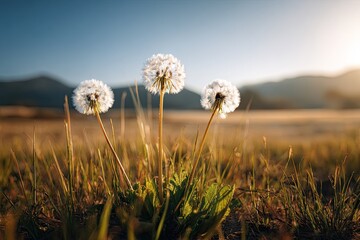 Three dandelions sunset meadow field nature background