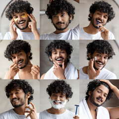 A collage displays Indian man engaged in various skincare and grooming activities at home. He...