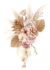 Watercolor floral bouquet illustration in boho style on white background with pink, cream and brown roses, tulip, orchid, cosmos, green eucalyptus, palm leaves, pampas and dried leaves and branches