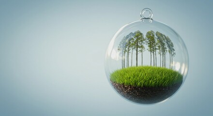 A miniature forest ecosystem enclosed within a clear glass sphere symbolizing environmental preservation and sustainability