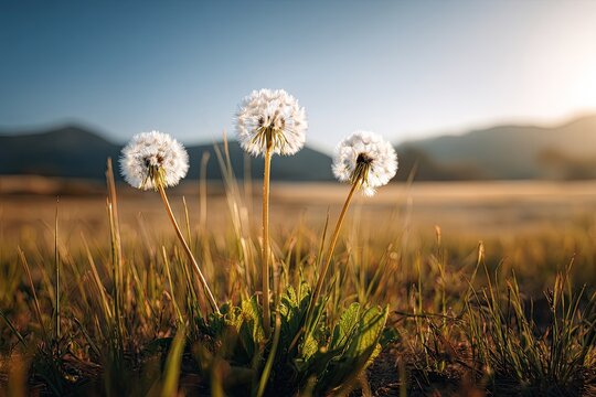 Three dandelions sunset meadow field nature background