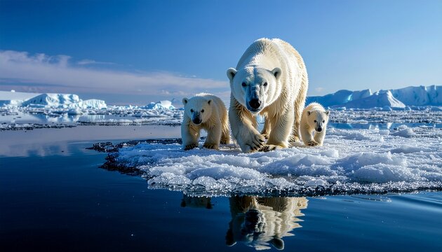 Famiglia di orsi polari con cuccioli su lastra di ghiaccio galleggiante nell'Artico con iceberg sullo sfondo e riflessi nell'acqua cristallina blu
