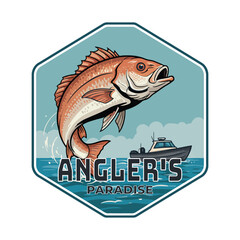 Angler’s Paradise, Fishing Logo with Jumping Fish, Boat, and Ocean Scene