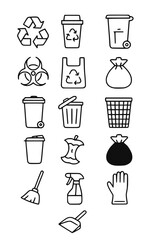 Various black illustrated icons related to waste management, recyclables, trash cans, and cleaning supplies, a set of black and white line art icons, clean minimalist design, flat design,