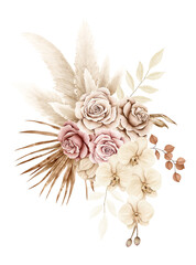 Fototapeta premium Watercolor floral bouquet illustration in boho style on white background with pink, cream and brown roses, tulip, orchid, green and copper eucalyptus, palm leaves, pampas and dried leaves and branches