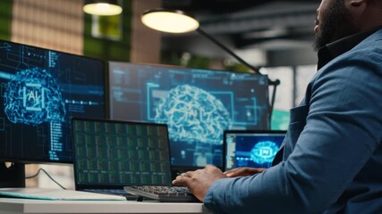 Black businessman using AI digital tools and machine learning models, performing data analysis for innovation creating adaptive optimized business solutions. Cloud computing. Camera B. - Powered by Adobe