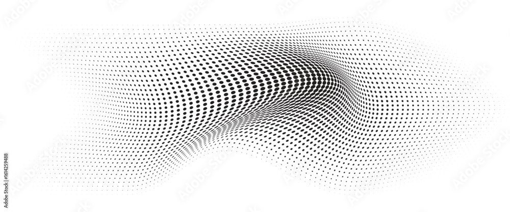 Poster flowing wave dot halftone pattern: curve gradient shape on transparent background. suitable for ai, 