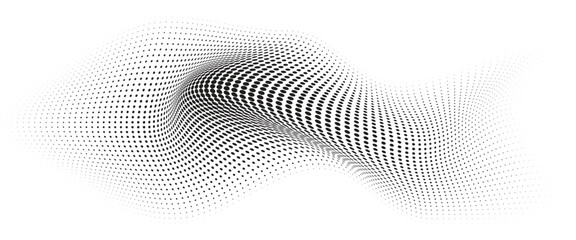 Flowing Wave Dot Halftone Pattern: Curve Gradient Shape on Transparent Background. Suitable for AI, Tech, Network, Digital, Science, and Technology Themes.