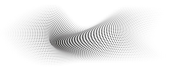 Flowing Wave Dot Halftone Pattern: Curve Gradient Shape on Transparent Background. Suitable for AI, Tech, Network, Digital, Science, and Technology Themes.