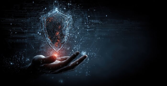 Digital data protection icon hovering above hand on dark tech background. High quality