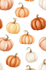 Minimalistic watercolor pumpkins in burnt orange cream and pale yellow creating seamless repeating pattern on clean white background
