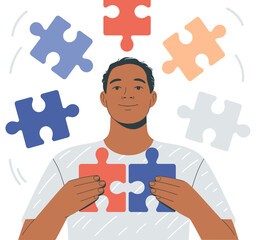 A man joyfully juggling colorful puzzle pieces, embodying creativity and problem-solving, ideal for themes related to teamwork, collaboration, and personal growth in stock imagery.