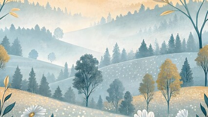 Whimsical Misty Landscape with Rolling Hills and Trees