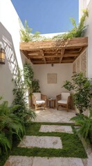 Fototapeta premium Whitewashed patio with wooden pergola