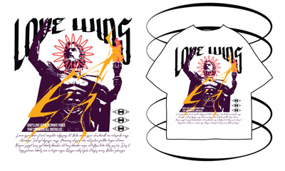 Graphic design featuring a stylized figure with a sun-like headpiece holding lightning, presented alongside a t-shirt mockup showcasing the same design.
