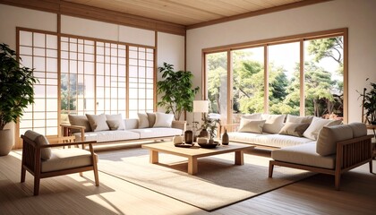Fototapeta premium Bright Japandi living room with wooden furniture