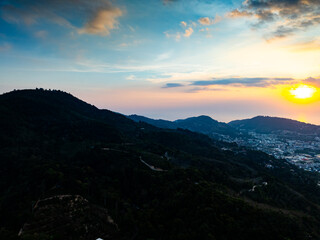 Drone view colorful clouds sunrise sky over mountains Landscape nature view