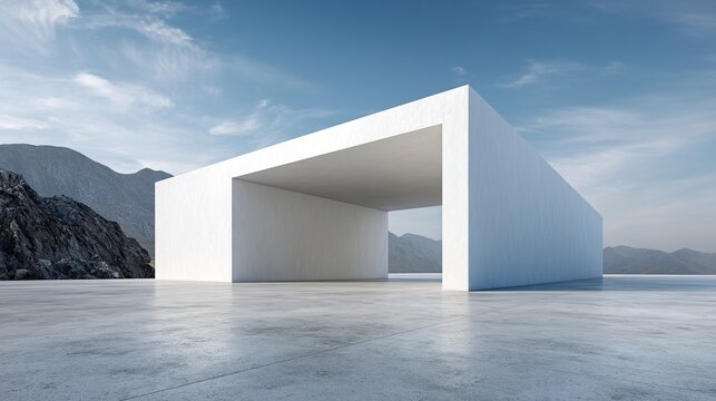 3d render of abstract modern architecture with empty concrete floor, minimal white exterior, car presentation background. High quality