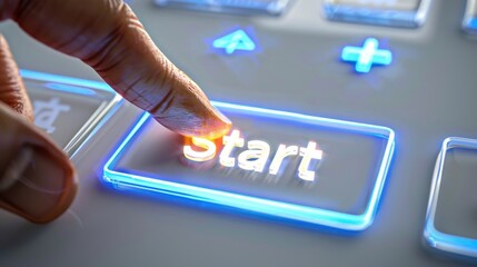 Finger pressing glowing button labeled "Start" on clean white background, future concept