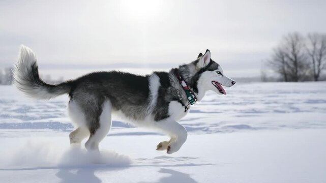 Energetic husky dog running gracefully through fresh, pristine snow in winter.
