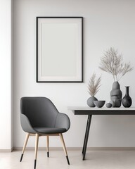 Minimalist interior with framed art piece, chair, and table