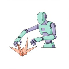 Robot Making Origami Crane Pastel Colors Illustration