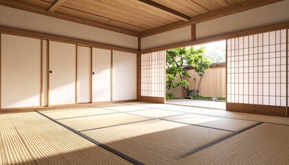 Sunlight streams into a peaceful, empty traditional Japanese room with tatami flooring and shoji doors opening onto a serene garden