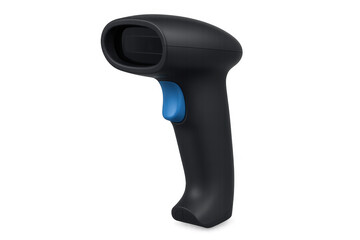 Black barcode scanner featuring blue trigger button, floating on transparent surface with clean modern design profile