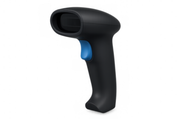 Black barcode scanner featuring blue trigger button, floating on transparent surface with clean modern design profile