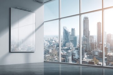 Blank poster mockup on clean white wall in bright modern office interior with large windows and cityscape view in background for advertising concept. 3D Rendering. High quality