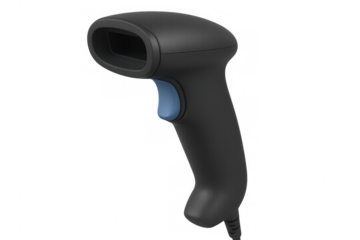 Black barcode scanner with blue button isolated on transparent background, perfect for retail and commerce projects