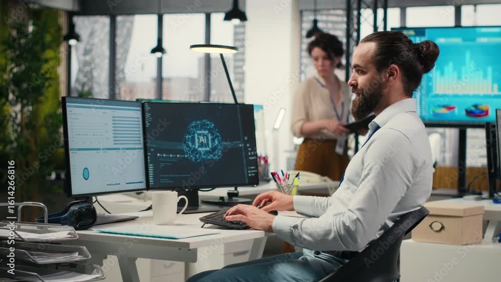 Poster it specialist uses ai neural networks for data sharing and digitalization, working in a multinationa