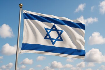 Israeli flag waving proudly against clear blue Mediterranean sky