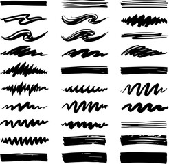 Brush line set. Vector calligraphy paint strokes. Vintage Chinese brushstrokes collection. Abstract black ink grungy lines, borders, emphasis underlines. EPS 10 version.