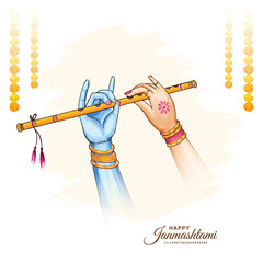 Happy janmashtami with lord krishna hand playing bansuri card background