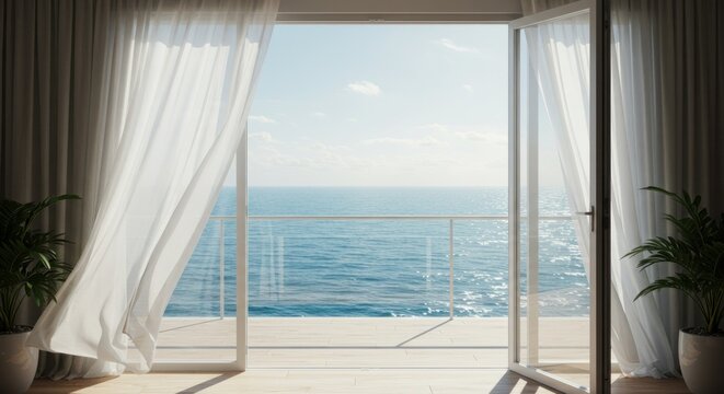 Open Balcony Door with Flowing White Curtains and Ocean View