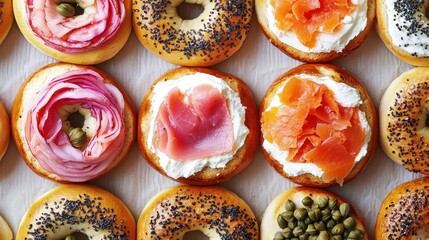Assorted Bagels with Cream Cheese and Various Toppings Displayed
