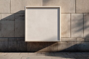Square light box empty display on beige concrete wall outdoors, mock up. High quality