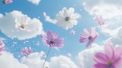 Delicate flowers float in a sky filled with clouds