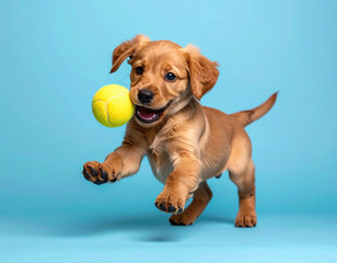 Happy, cute, brown puppy dog playing and jumping for yellow ball. This active young animal has joyful expression against blue background, caught in mid air motion