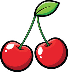 Two Sweet Red Cherries with Green Stems and Leaves new 2025 trendy colourful fruit vector illustration