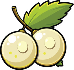 glossy cartoon currant Two round white berries with a stem and green leaves new 2025 trendy colourful fruit vector illustration