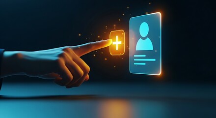 QFS favorite contact concept. Hand adds a contact to a favorites list on a holographic interface for quick Quantum Financial System transactions.