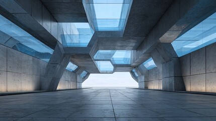 3d render of abstract futuristic glass architecture with empty concrete floor. High quality